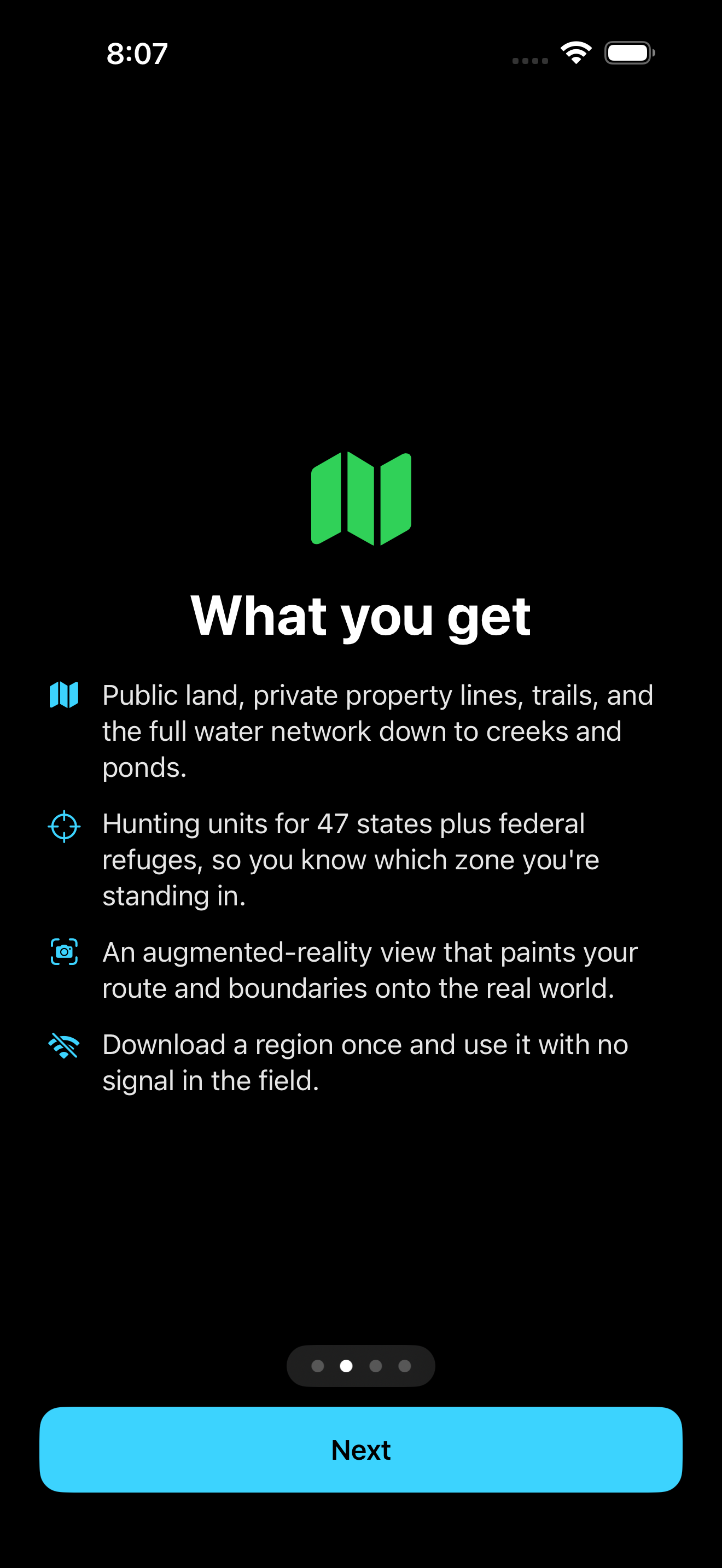 MarshSight onboarding screen listing what the app gives you