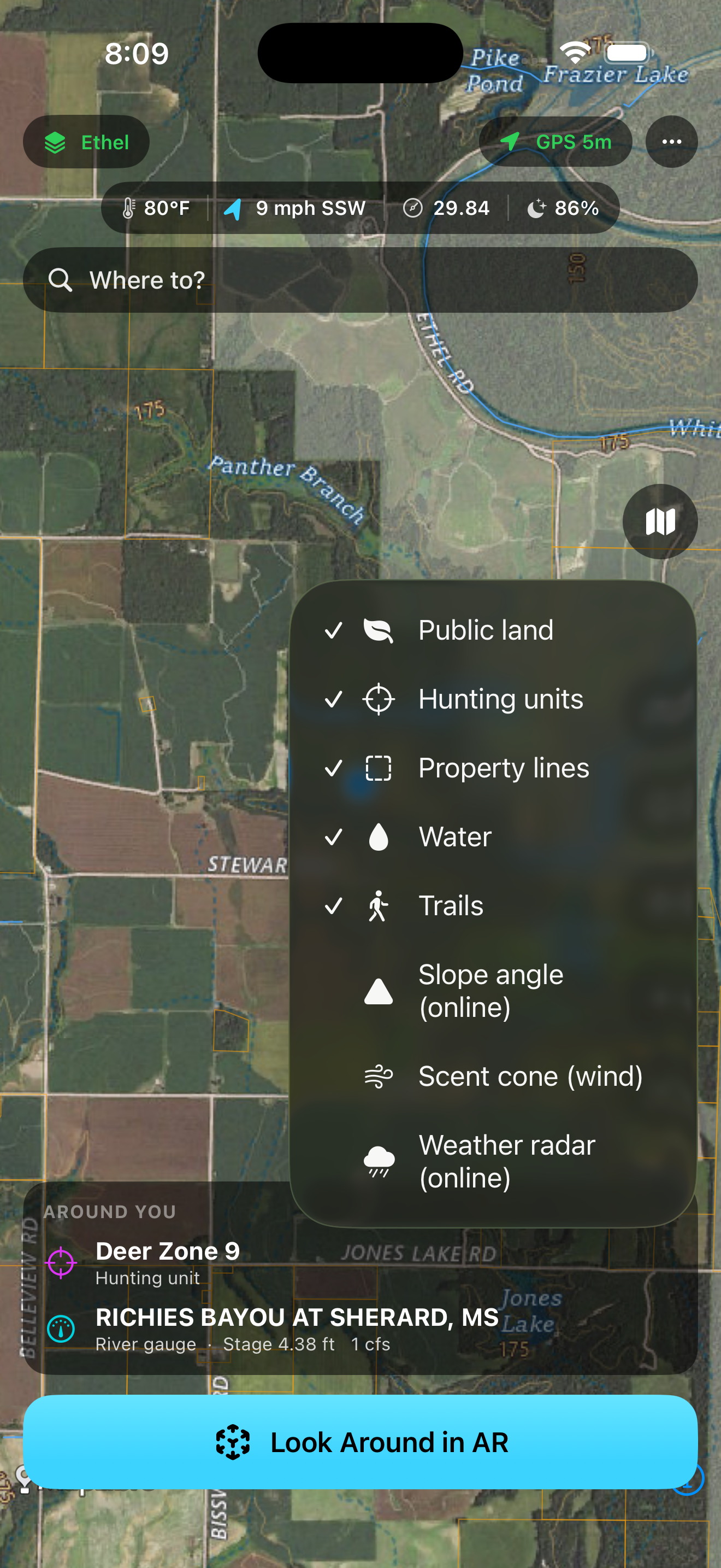 MarshSight layer panel listing public land, hunting units, property lines, water, trails, slope, scent cone, and radar