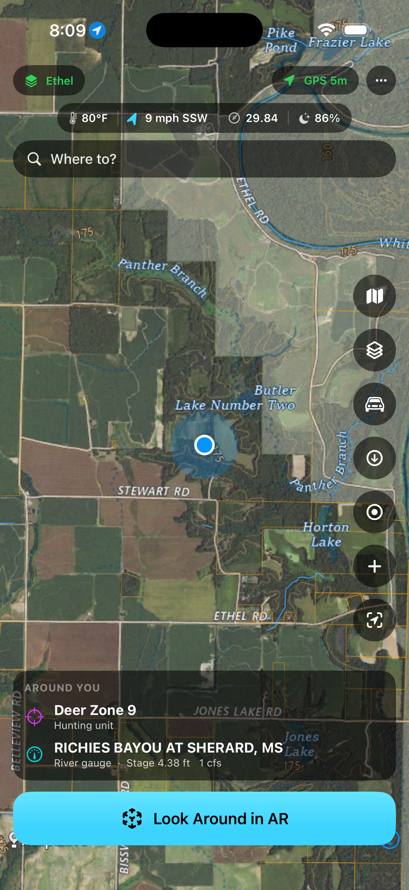 MarshSight satellite-topo map with live weather and a river gauge readout