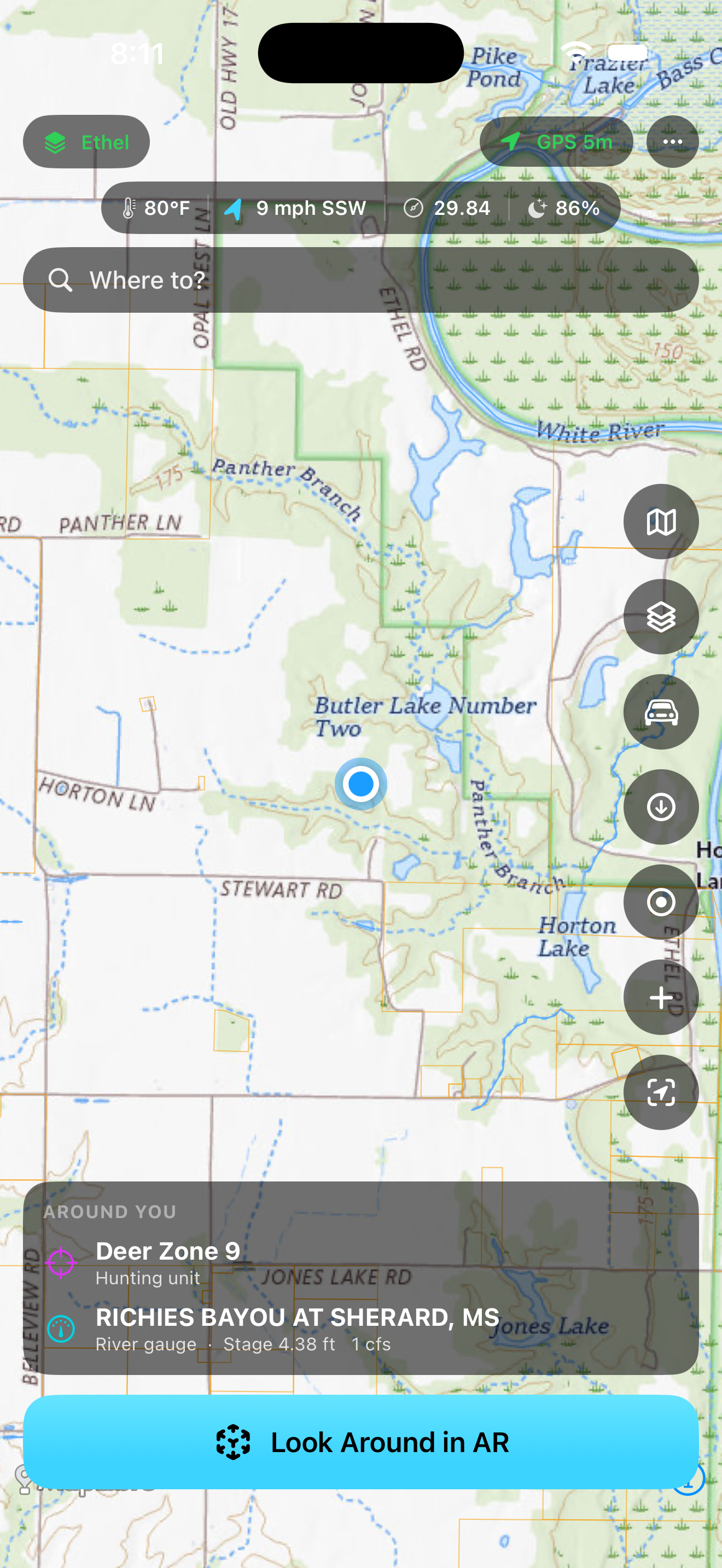 MarshSight topographic map of public land and water near the White River